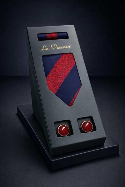 Kravatkolik Red - Navy Blue Classic Tie and Handkerchief Men's Gift Set Os597