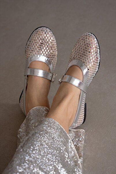 selin shoes Argente Örgü Dokulu Tül Detaylı Kadın Babet- GÜMÜŞ