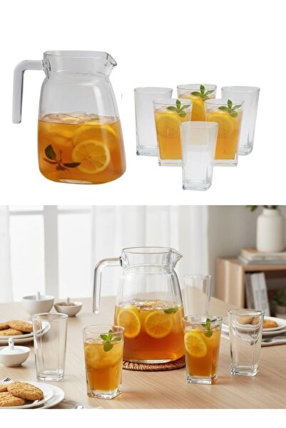 Premium Glass Iced Tea Pitcher Set with 6 Square Glasses Juice Jug