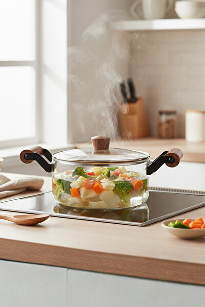 Sevinse Home Acacia Handle Heat Resistant Glass Pot 2500 ml