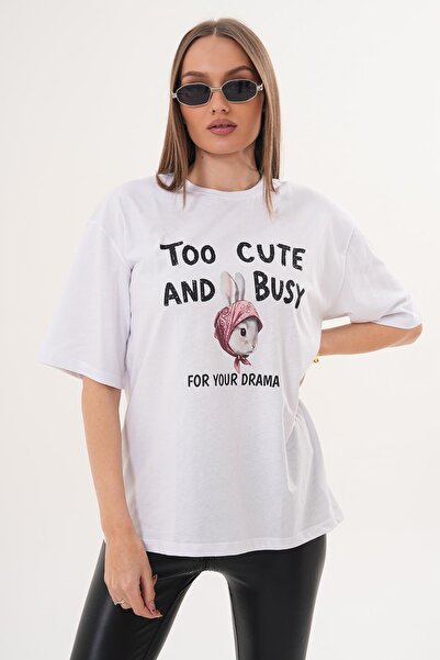 ŞİMAL Women's Print Detailed Crew Neck Oversize T-Shirt - 260060