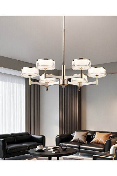 Apliqa Grayson Platin-Gold Detaylı 6'lı Yuvarlak Kristal Başlıklı Salon Led A...