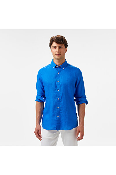 Nautica Erkek Mavi Classic Fit Keten Gömlek