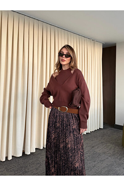 Laluvia Brown Double V-Neck Sweater - 251206