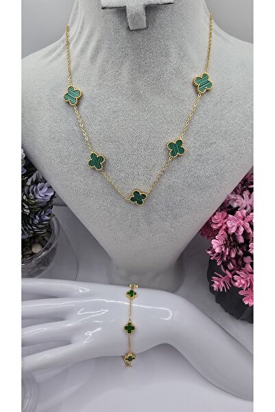 ahsenaksesuar2025 Yeşil Yonca Van Cleef Çelik Set - Büyük Kolye Küçük Bilekli...