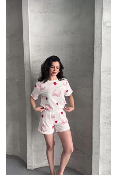 Kurdele & çilek temalı kısa pijama takımı