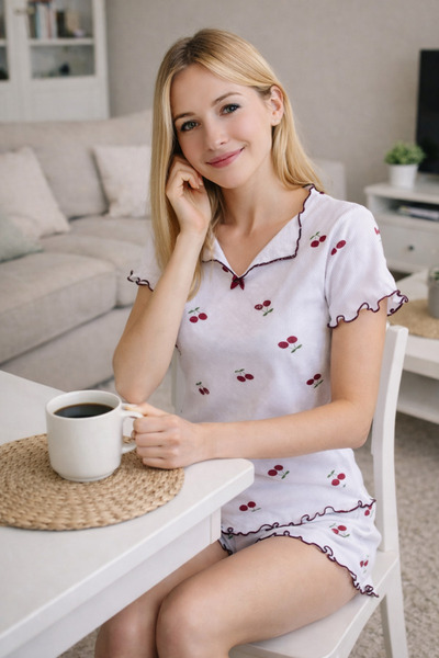 FORVENS Cherry Printed Cotton Shorts Pajama Set