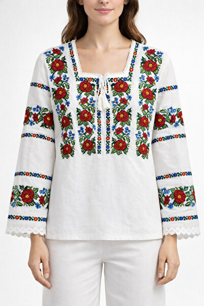 Nobrand Traditional Romanian women's blouse with hand-sewn embroidery, red-bl...