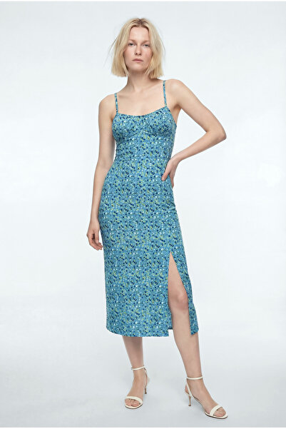 WESTMARK LONDON Kadın Kare Yaka Kısa Kollu Desenli Mavi Krinkle Elbise MARTA