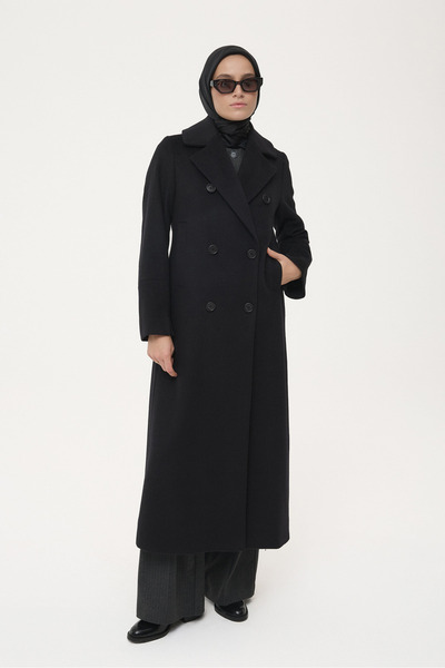 Tuğba Yün Karışımlı Kruvaze Kapamalı Manto - Siyah