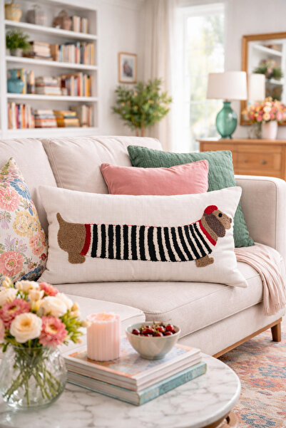 Pilloveland Punch Embroidered Throw Pillow Cover - 50X30 cm - Sausage Dog - P...