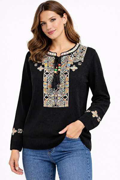 Nobrand Women's Black Sweater with Multicolor Traditional Embroidery, Stretch...