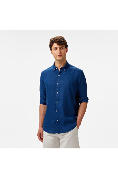 Nautica Erkek Mavi Classic Fit Keten Gömlek