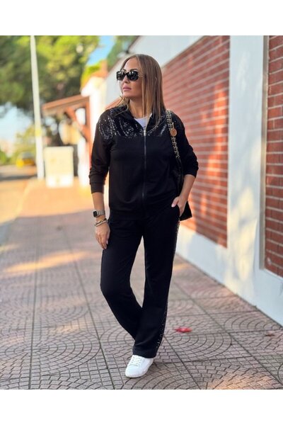 Zerenyus    Women's Two Thread Fabric Double Set with Sequin and Zipper Detail