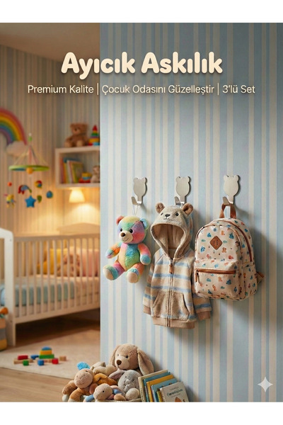 Hagen 3'lü Ayıcık Şekilli Askılık Çocuk Odası Krom Kaplama Askılık Banyo Askı...