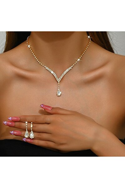 Choice Gold 3pcs 3pcs Luxury Zircon Stud Earrings Necklace Set for Women Stai...