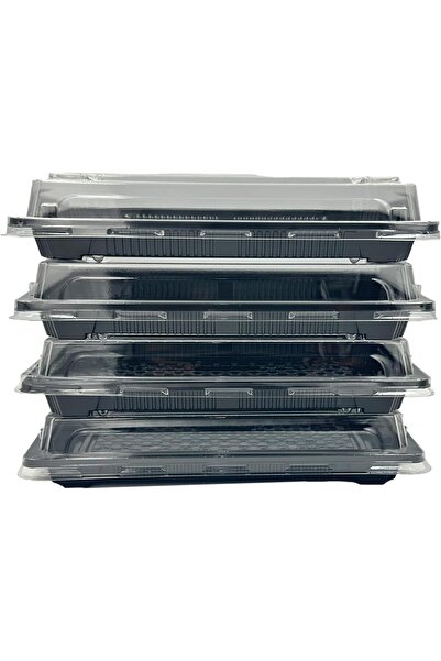 Ideal Pack Black Base Sushi Container - 215x136x21mm Base with Lid, 5 Pieces