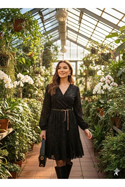 tülaybutik Women's Flock Print Double-Breasted Collar Ruffled Mini Dress