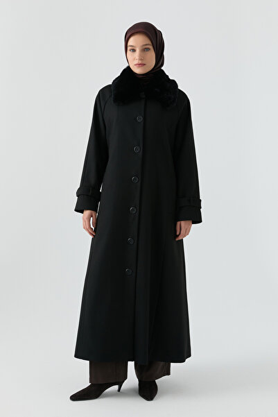 Tuğba Büyük Beden Reglan Kol Kaşe Manto - Siyah