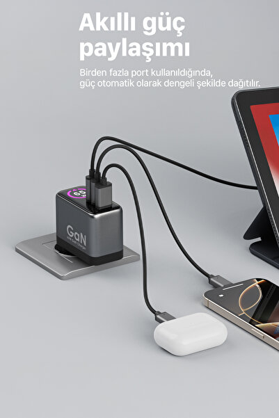 Xenon Smart Hızlı Şarj Adaptörü | 65W, GaN, 2x USB-C ve 1 USB-A Çıkışlı, PD PPS, Dijital Güç Ekranlı (X6414)