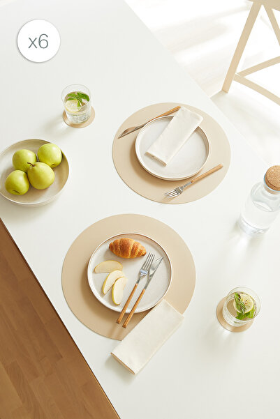 Homewave 6 Pieces Beige/Stone Faux Leather Tableware Presentation Plate Coast...