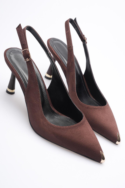AleWomen Brown Suede Pointed Toe Open Back 9 cm Heeled Arew Gold Toe Cap Deta...