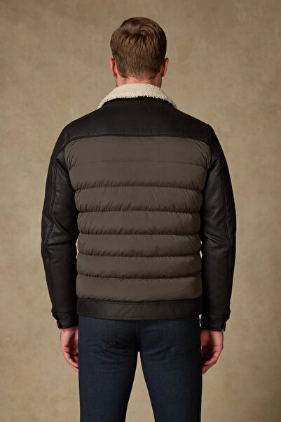 Andrea Nicolotti Men's Fur Collar Faux Leather Sleeves Puffer Winter Casual Coat