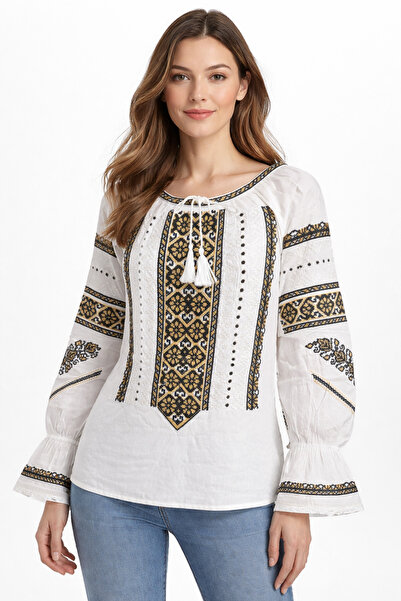 Nobrand Traditional Romanian blouse for women, premium black-gold stitched em...