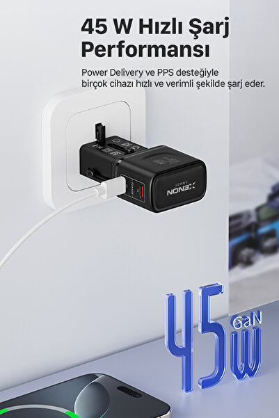 Xenon Smart Priz Dönüştürücü | 45W GaN Hızlı Şarj, 200+ Ülke, 2x USB-C, PD PPS, Seyahat Adaptörü (X6409)