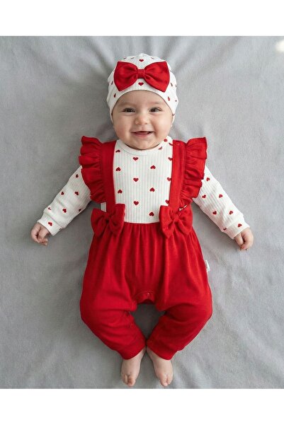 LisaLoom Gardener Heart Printed Baby Girl Jumpsuit with Bow and Hat