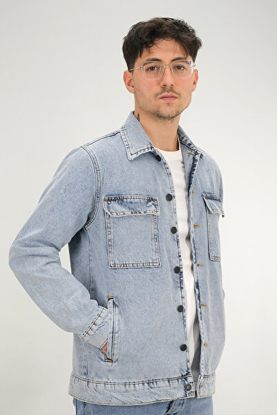 Souris Ανδρικό τζιν μπουφάν Ice Blue με διπλές τσέπες και υφασμάτινο κάλυμμα ...