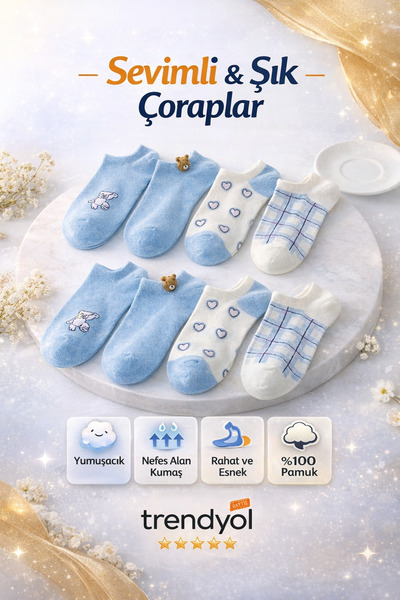 TreBears 8 Çift Kadın Patik Çorap | Mavi Pamuklu, Yumuşak Dokulu, Günlük Raha...