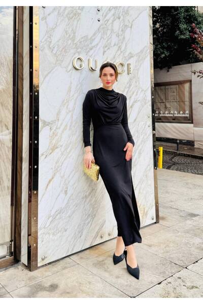 BOUQUET OF TULİP Long dress with drape detail at the neck, padded and side slit