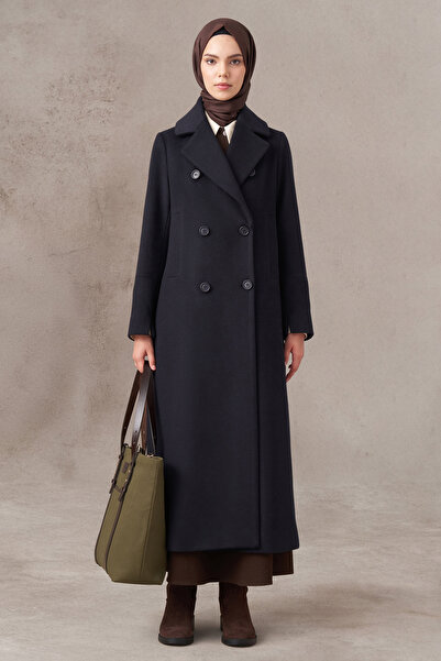Tuğba Yün Karışımlı Kruvaze Kapamalı Manto - Lacivert