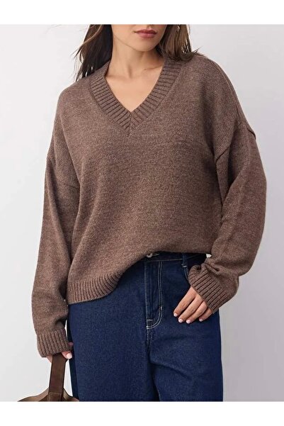 Noi Belis Basic Oversized V-Neck Soft Textured Knitwear Sweater Aw25Kz0128