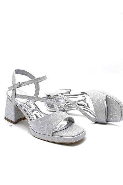 KİNDEP (Erbay) Women's Evening Dress Shoes with Thick Heels Silver