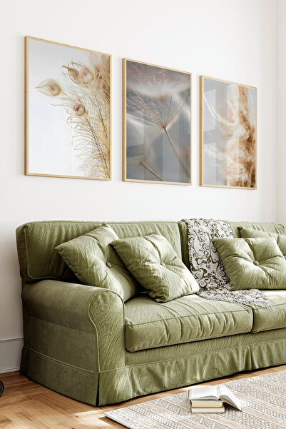 kutuTR Ahşap Çerçeveli 2D UV Baskı 3'lü Tablo set–Bohem Pampas Otu ve Karahin...