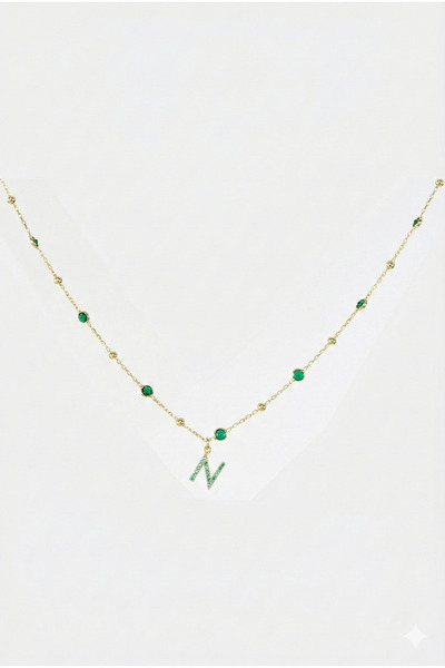 Queen Silver Jewelry 925 ayar gümüş. yeşil zirkon taşlı toplu zincirli harfli...