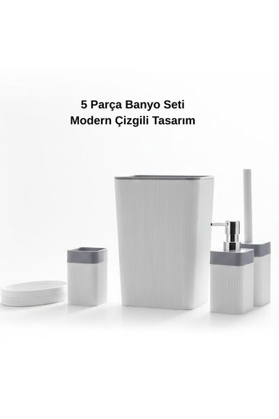 DAMMERUN 5 Parça Plastik Banyo Seti | Çöp Kovası WC Fırçası Sıvı Sabunluk Diş...