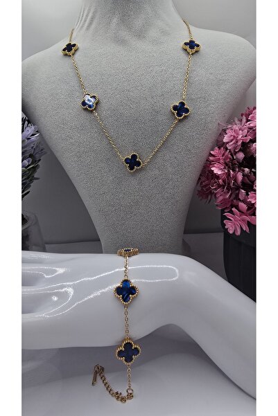 ahsenaksesuar2025 Büyük Boy Lacivert Taşlı Yonca Model Altın Renk Çelik Kolye...
