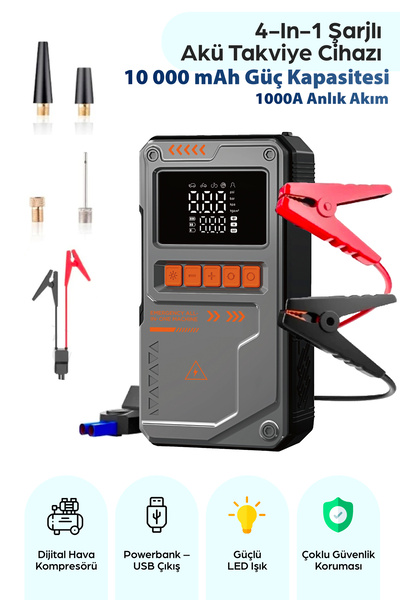 ROBEVE 4in1 10000 mAh Şarjlı Araç Akü Takviye Cihazı Dijital Hava Kompresörü ...