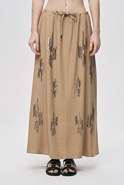 Orfeo Negro Women's Glow Sequin and Bead Embroidered Waist Tie Maxi Skirt