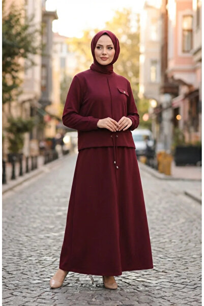 sefamerve Set dublu Hijab din bumbac cu buzunare 0238-04 Roșu Claret