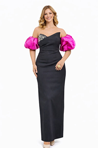 incitanesii Tek Omuzlu Taş Detaylı Uzun Abiye Elbise Balon Kol Detaylı Şık Ge...