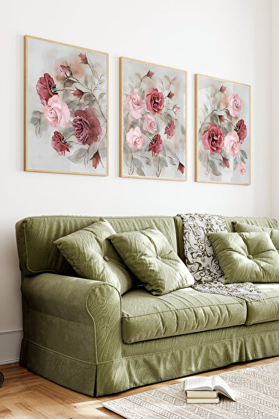 kutuTR Ahşap Çerçeveli 2D UV Baskı 3'lü Tablo set–Modern Pembe Gül ve Floral ...