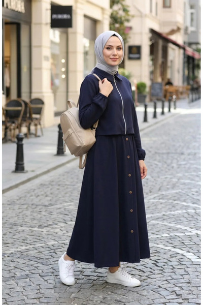 sefamerve Zippered Cotton Hijab Double Set 0239-02 Navy Blue