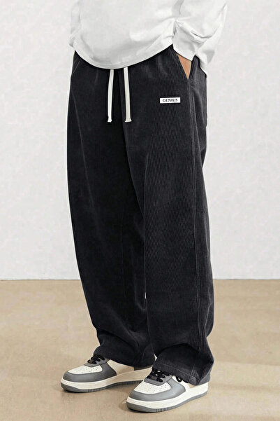 GENIUS STORE بنطلون رجالي من جينيوس مصنوع من قماش الكتان المضلع ذو أرجل واسعة...