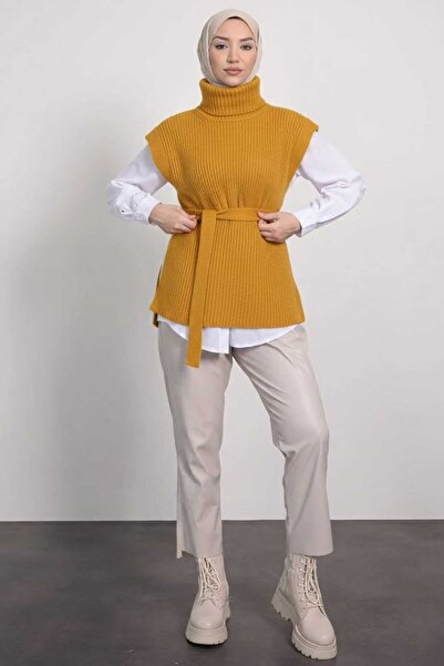 Tesettür Diyarı Turtleneck Belt Detailed Hijab Sweater