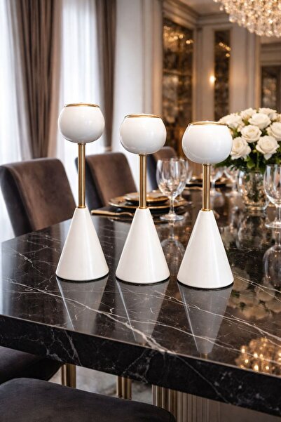 voliX Dizayn Üçlü Masaüstü Şamdanlık Beyaz&Gold |Süs Eşyası | Ev Dekorasyon |...