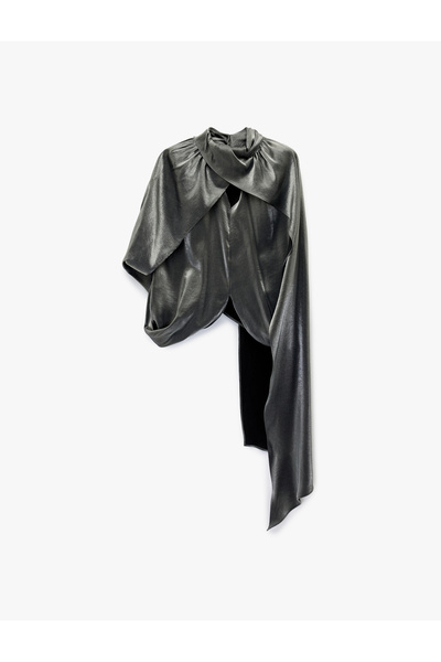 Koton Asymmetrical Cut Sleeveless High Neck Satin Cape Blouse